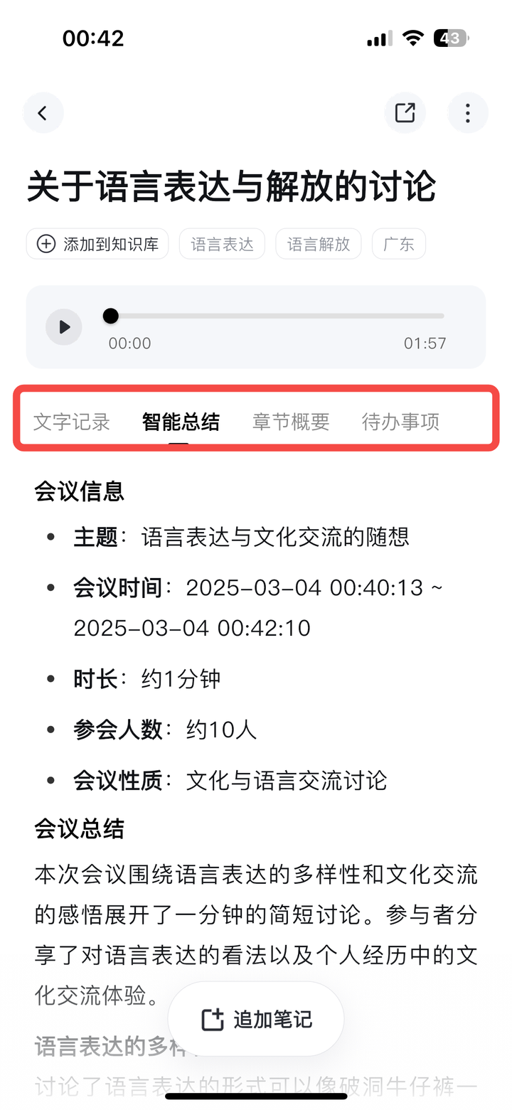 会议纪要详情页，标题「关于语言表达与解放的讨论」，标题下方有「添加到知识库」按钮和标签（语言表达、语言解放、广东）。音频播放器显示时长 01:57。下方四个标签页（用红框高亮）：文字记录、智能总结（当前选中）、章节概要、待办事项。智能总结内容展示会议信息：主题「语言表达与文化交流的随想」、会议时间、时长约1分钟、参会人数约10人、会议性质「文化与语言交流讨论」，以及 AI 生成的会议总结段落。底部有「追加笔记」悬浮按钮