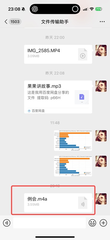 微信文件传输助手聊天界面,显示多个文件消息,其中一条音频文件「例会.m4a(3.55MB)」用红框高亮标注