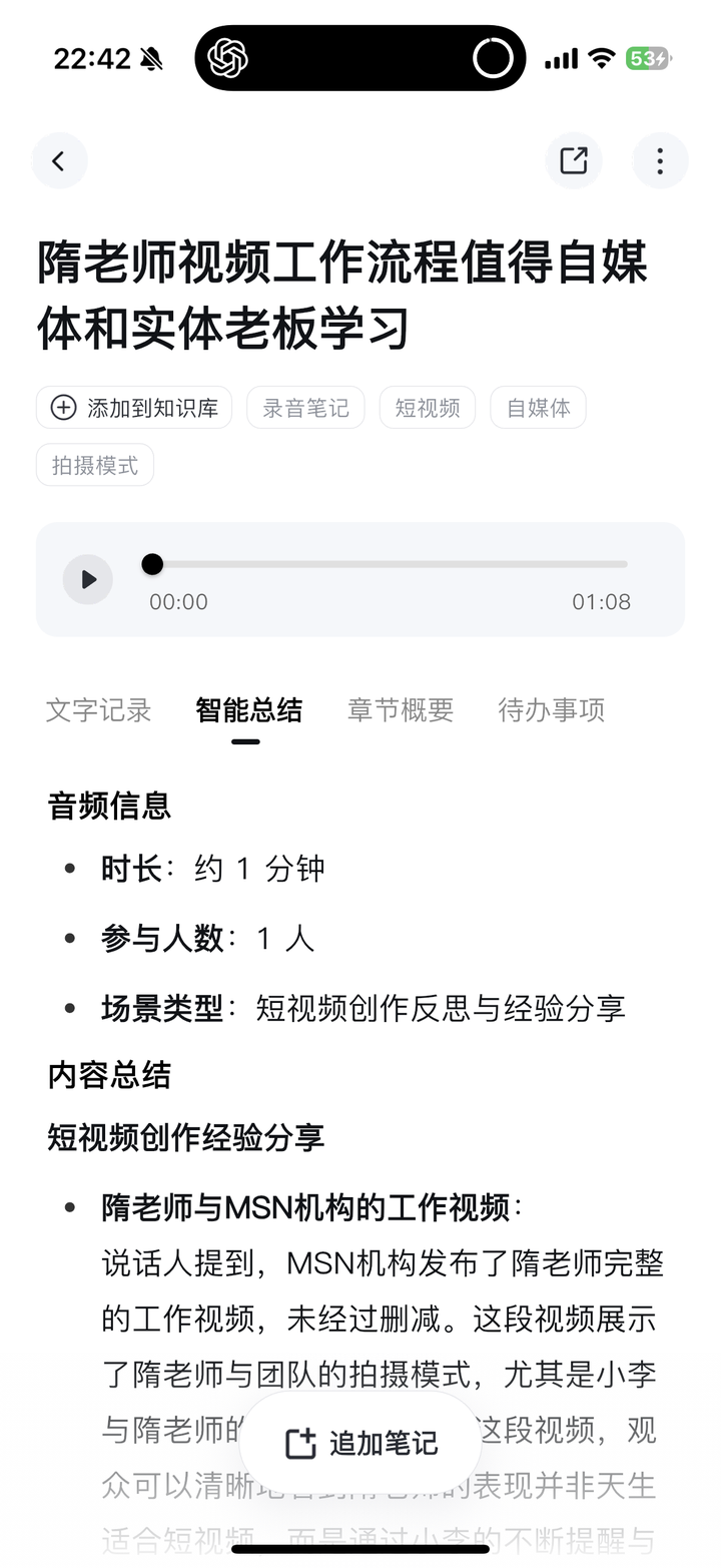 AI 生成的音频笔记详情页,标题为「隋老师视频工作流程值得自媒体和实体老板学习」,显示标签、音频播放器、「文字记录」「智能总结」「章节概要」「待办事项」四个切换标签,当前展示智能总结内容