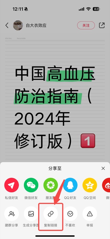 小红书「分享至」菜单弹窗,显示私信好友、微信好友、朋友圈等分享渠道,底部第二排「复制链接」按钮用红框高亮标注,红色箭头指向该按钮