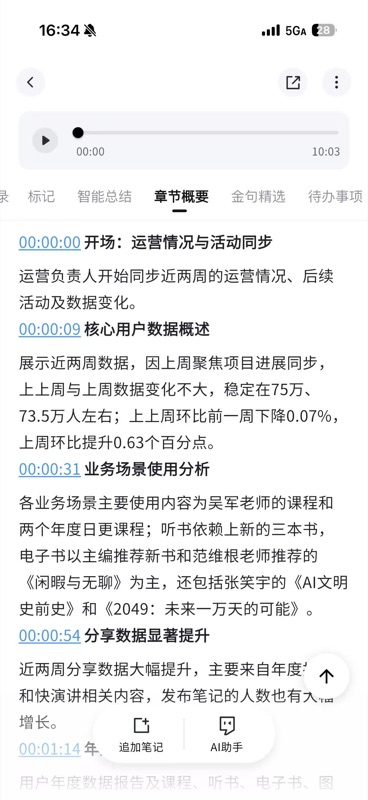 章节概要模块,按主题分段展示录音内容的摘要总结
